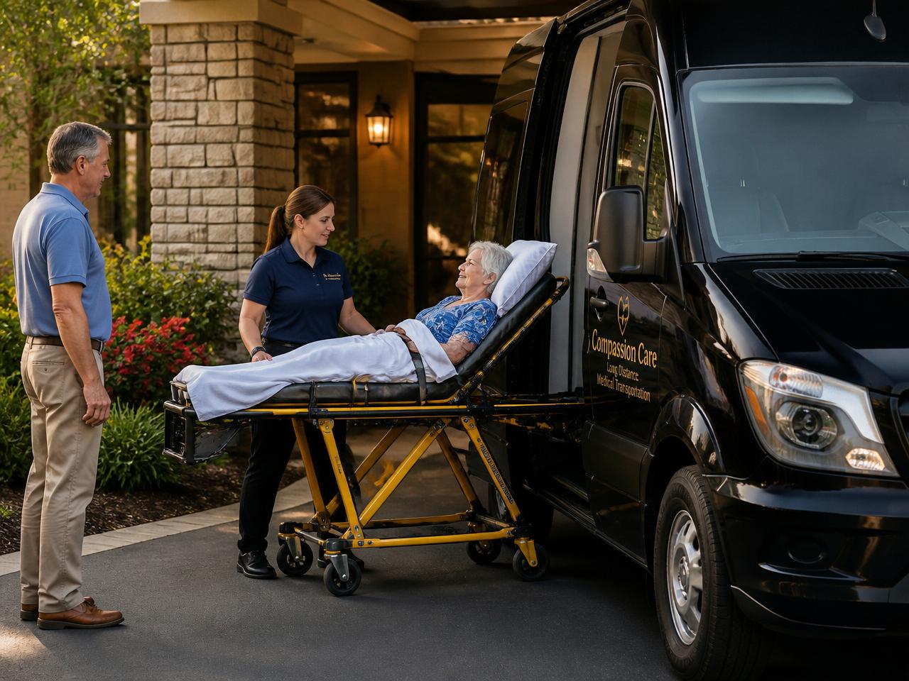 Compassion Care attendant loading a stretcher patient from a nursing facility into a black Mercedes Sprinter medical transport van