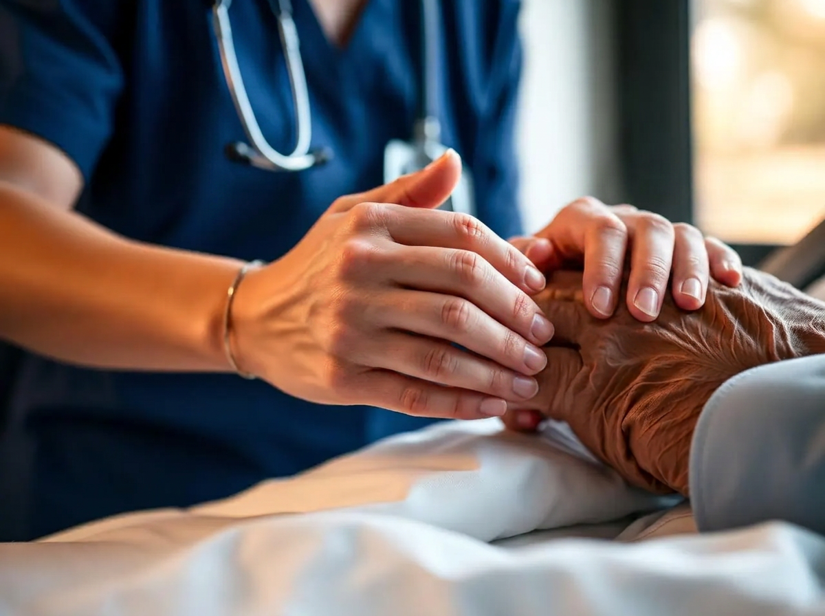 Caregiver's hands holding an elderly patient's hand in compassion