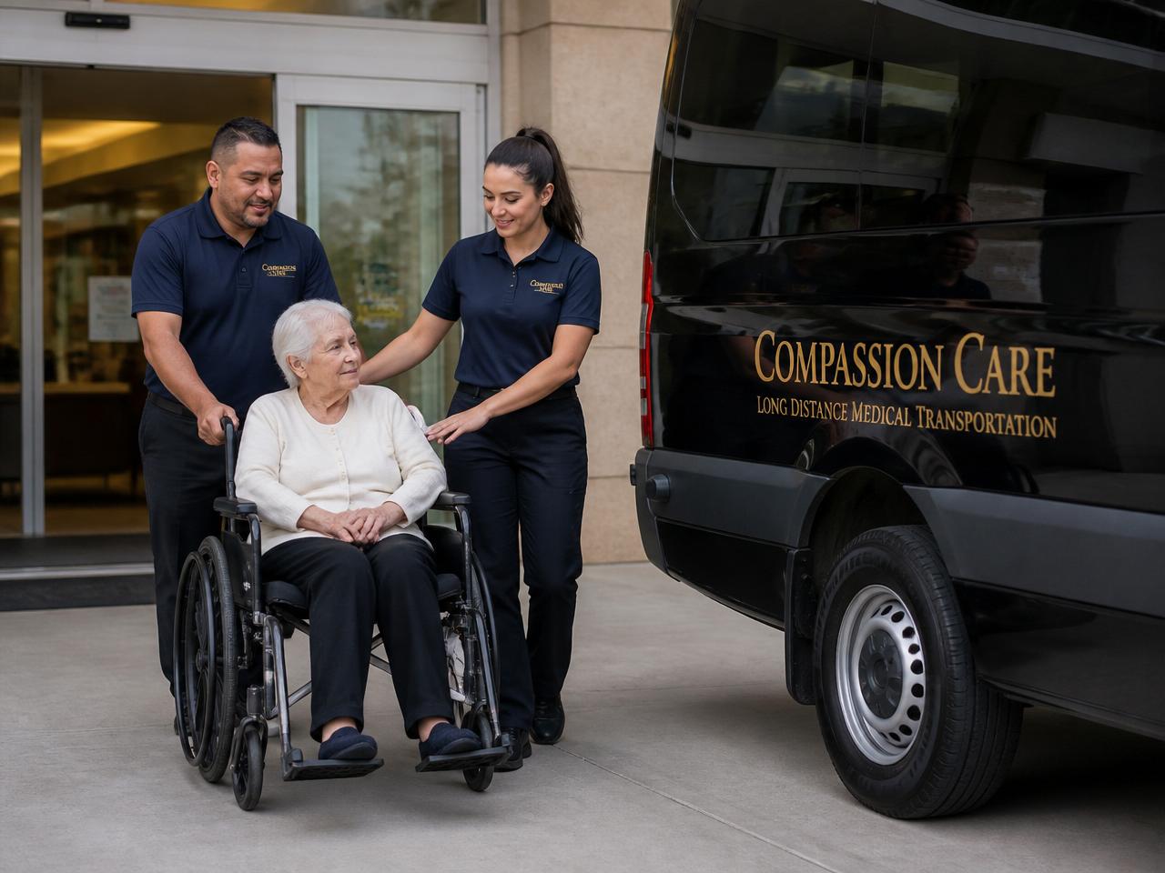 Compassion Care attendants helping an elderly patient in a wheelchair from a hospital entrance into a black Mercedes Sprinter medical transport van