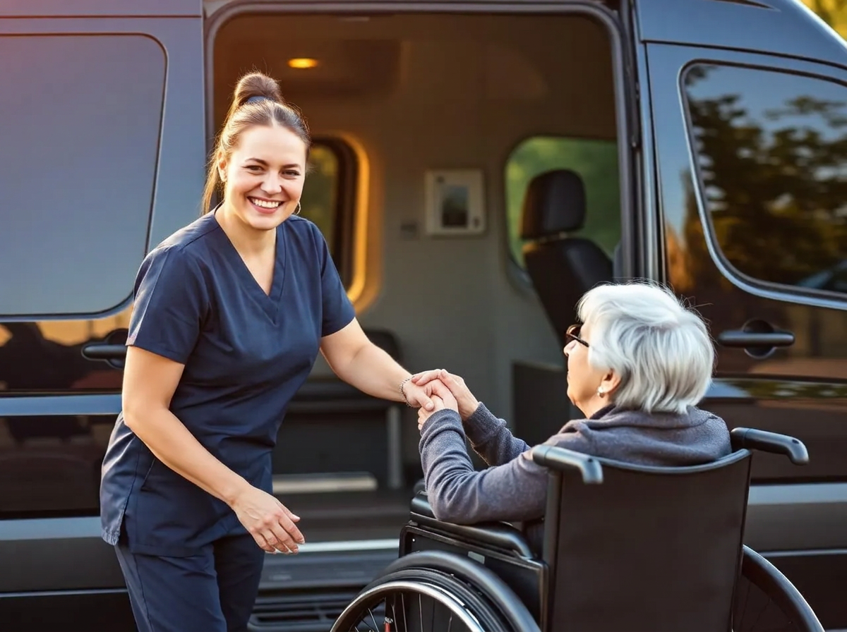 Nurse helping elderly patient into Sprinter medical transport van